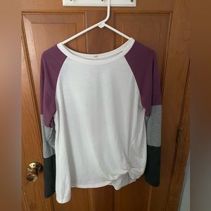 Amazon large white long sleeve with purple grey and black sleeves